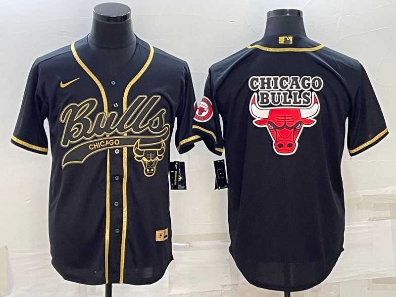 Men%27s Chicago Bulls Black Gold Team Big Logo With Patch Cool Base Stitched Baseball Jersey